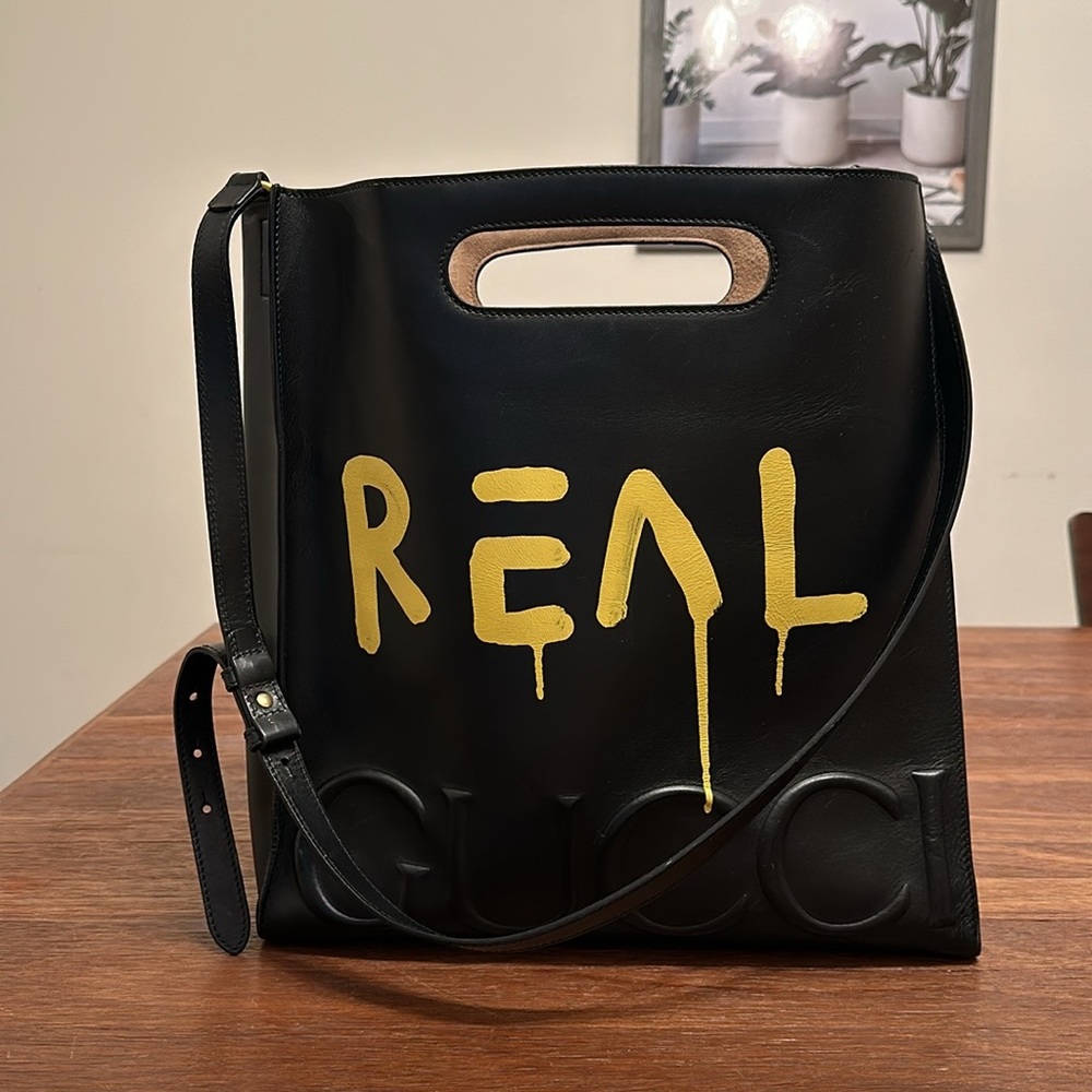 Gucci Ghost βREALβ Leather Tote Bag Black 414476 w/ Box & Dust Bag - Picture 4 of 9